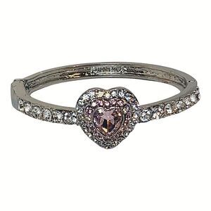 Monet Heart Bracelet 7" Silver Tone Pink Rhinestone Valentine Clamper